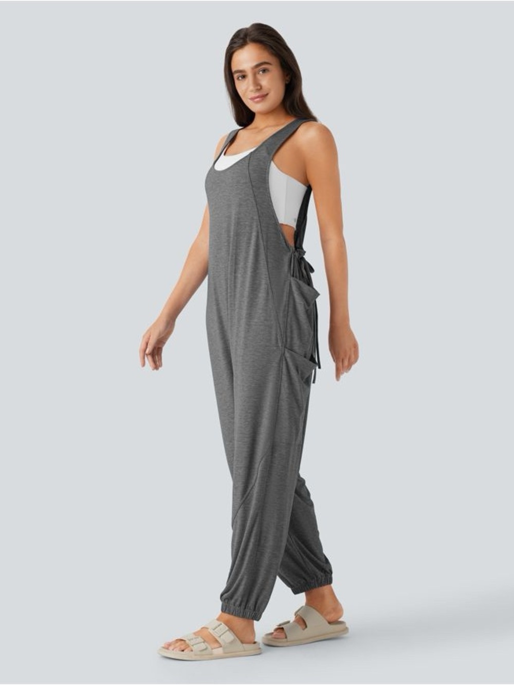Halara U Neck Drawstring Pockets Casual Jumpsuit in Dark Gray